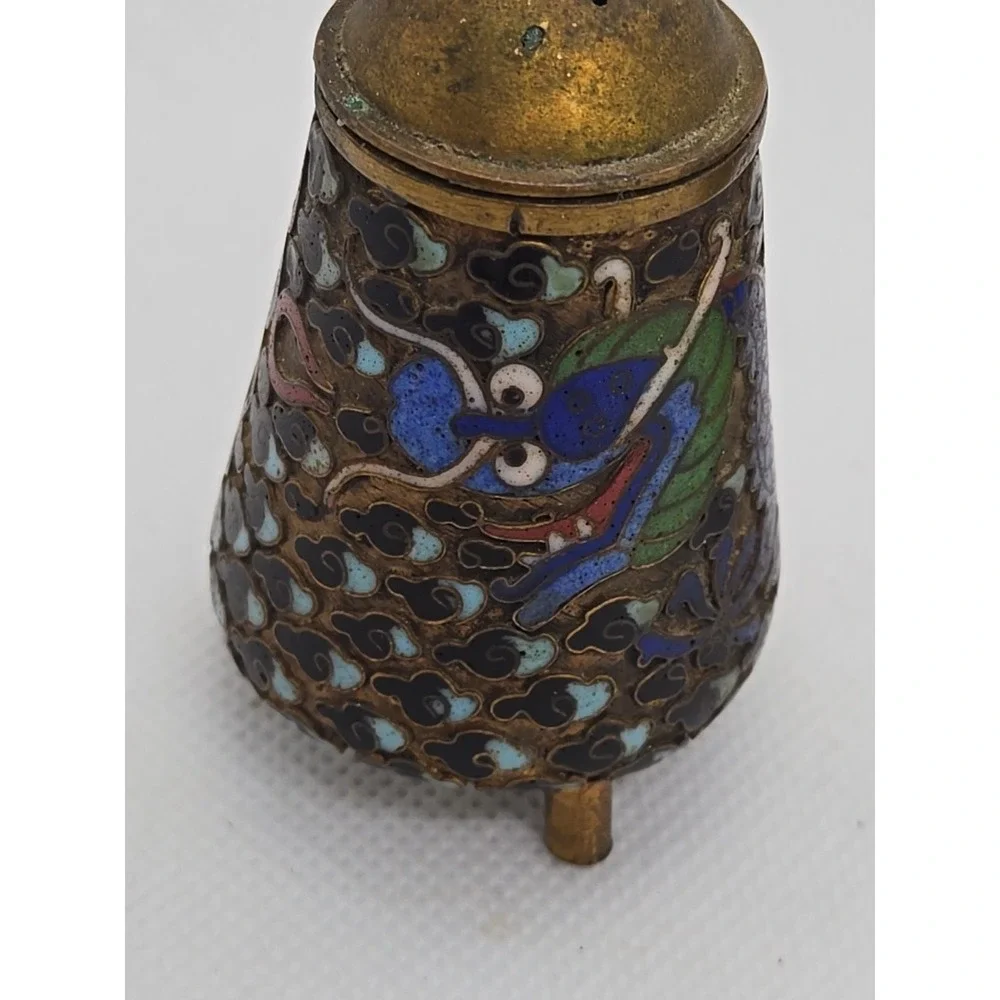 Vtg Cobalt Cloisonne Lidded Mustard Pot & Salt Cellar Set Dragon Motif‎ Chinese